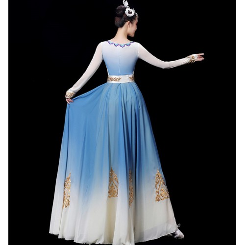 Blue gradient colored chinese folk dance costumes for women Xinjiang dance dress Opening dance big swing skirt classical traditional fairy princess dance dresses 